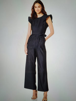 ﻿CALVIN KLEIN Flutter Collar Round Neck /Short Sleeve Belted Denim Jumpsuit.