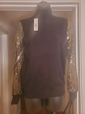 TAHARI Black Sweater with Gold Circular Sequins on Sleeves