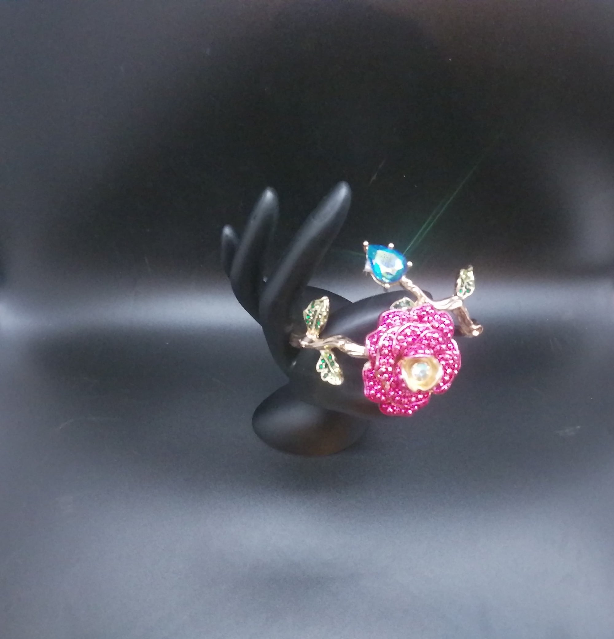 BETSEY JOHNSON Enchanted Rose Cuff Hinged Bracelet w/Pink, Blue, & Green Rhinestones