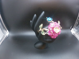 BETSEY JOHNSON Enchanted Rose Cuff Hinged Bracelet w/Pink, Blue, & Green Rhinestones