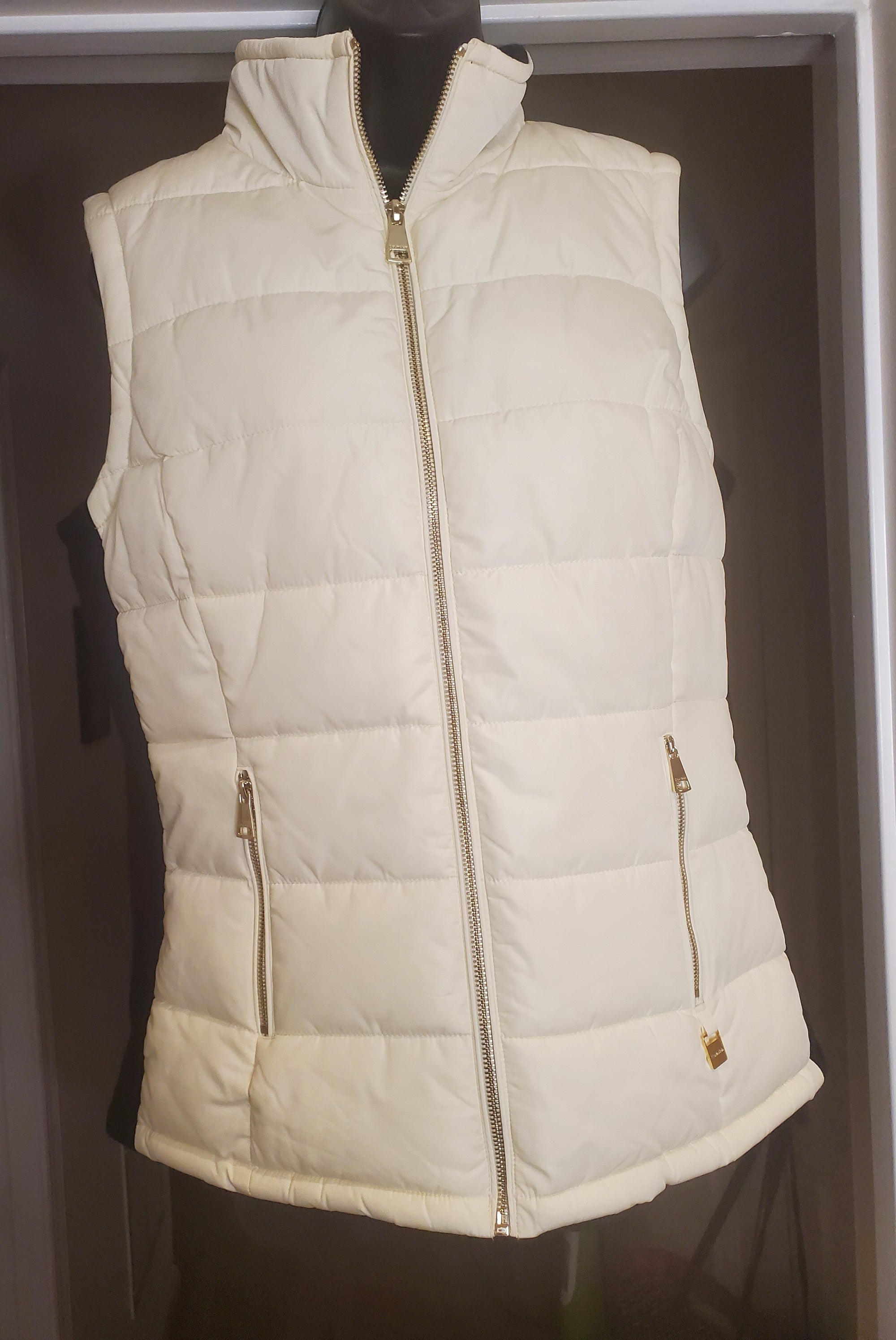 CALVIN KLEIN Cream Quilted Full Zip Puffer Vest with Black Knit Panels