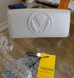 Black and Rose Blush Embossed Logo Valentino Wallets with Gold Plated Chain