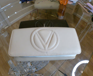 Black and Rose Blush Embossed Logo Valentino Wallets with Gold Plated Chain