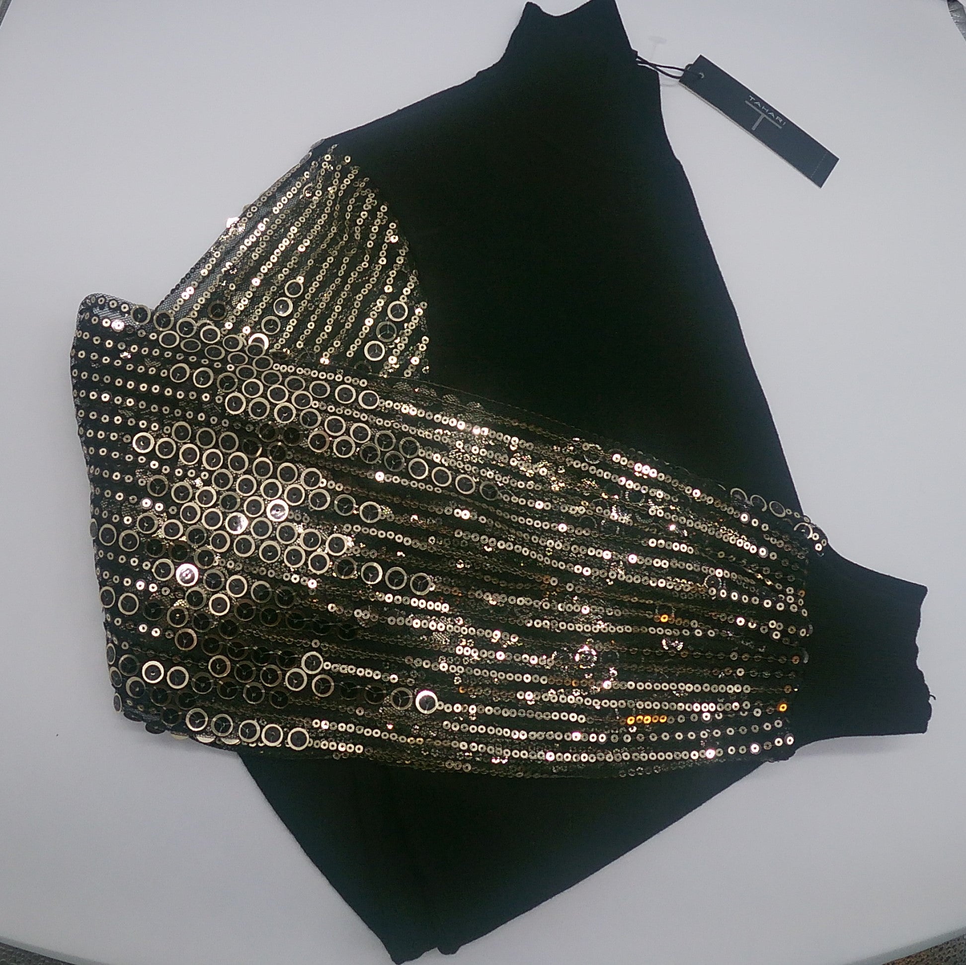 gold and white dress shirt Black Sweater with Gold Circular Sequins on Sleeves (Size Small)