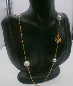 Tory Burch Gold-Plated Metallic Finish Milgrain Pearl Rosary