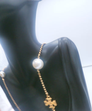 Tory Burch Gold-Plated Metallic Finish Milgrain Pearl Rosary