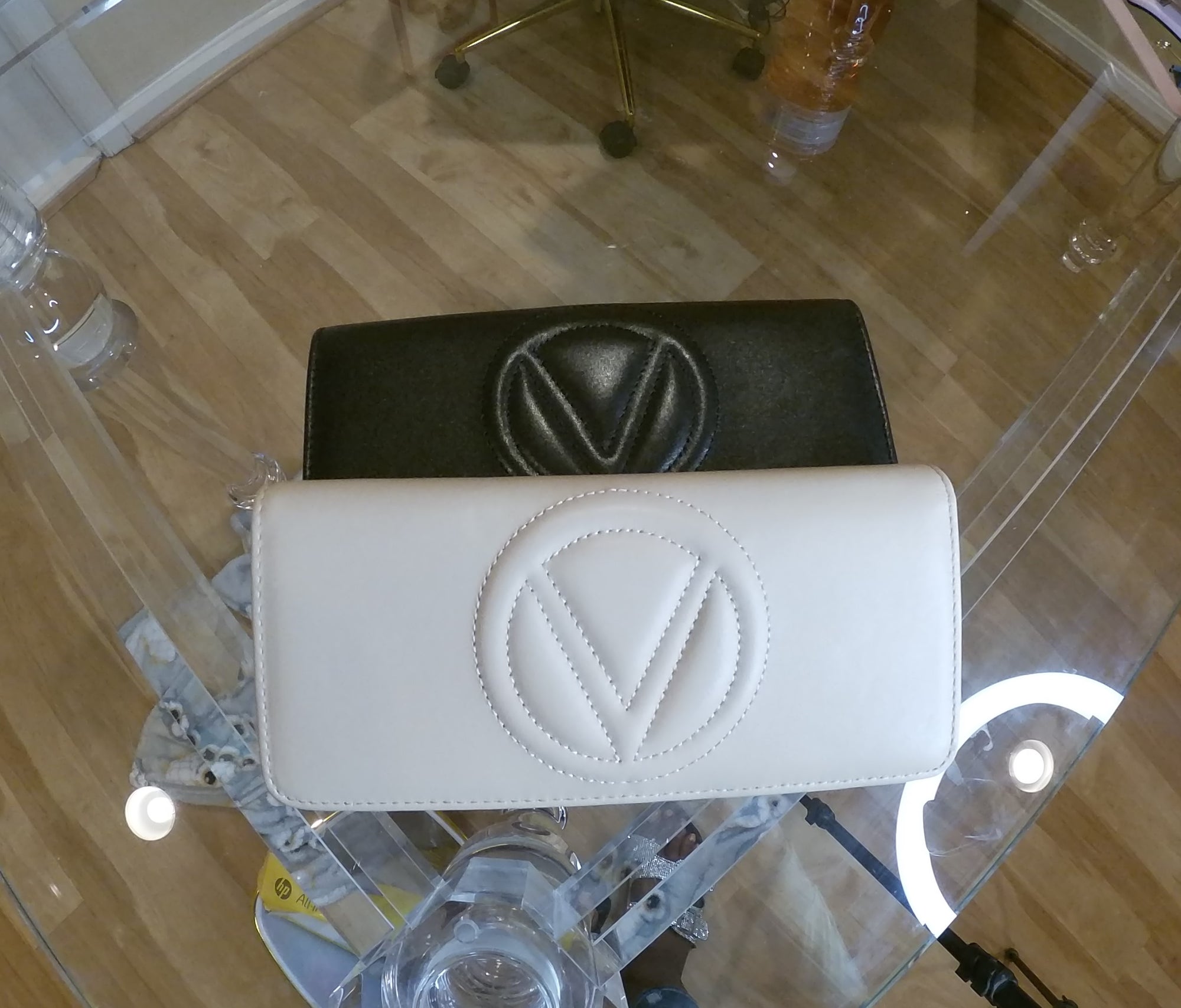 Black and Rose Blush Embossed Logo Valentino Wallets with Gold Plated Chain