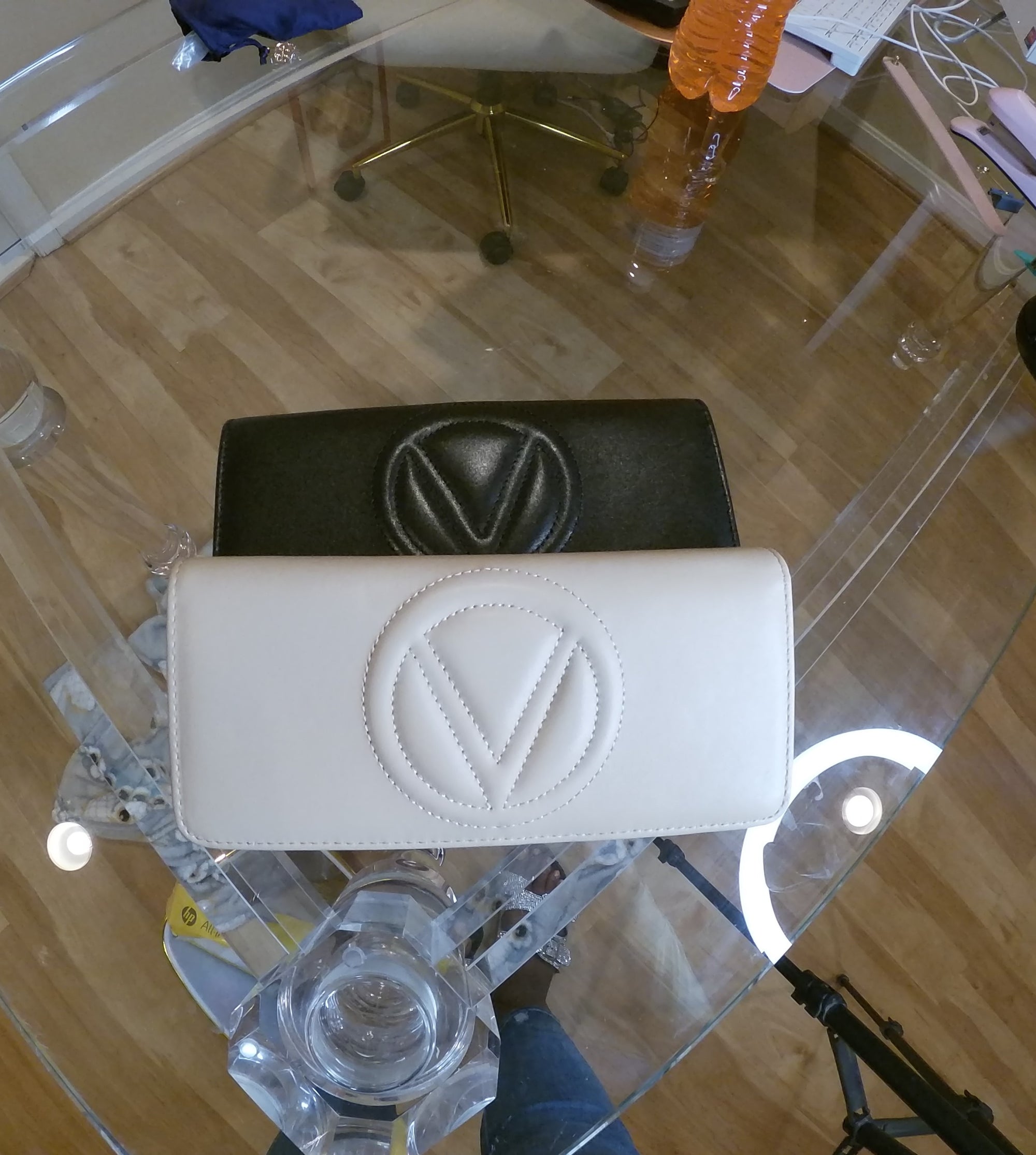 Black and Rose Blush Embossed Logo Valentino Wallets with Gold Plated Chain