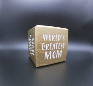 "Mom" Themed Gold Painted 6-Sided Cube w/White Lettering