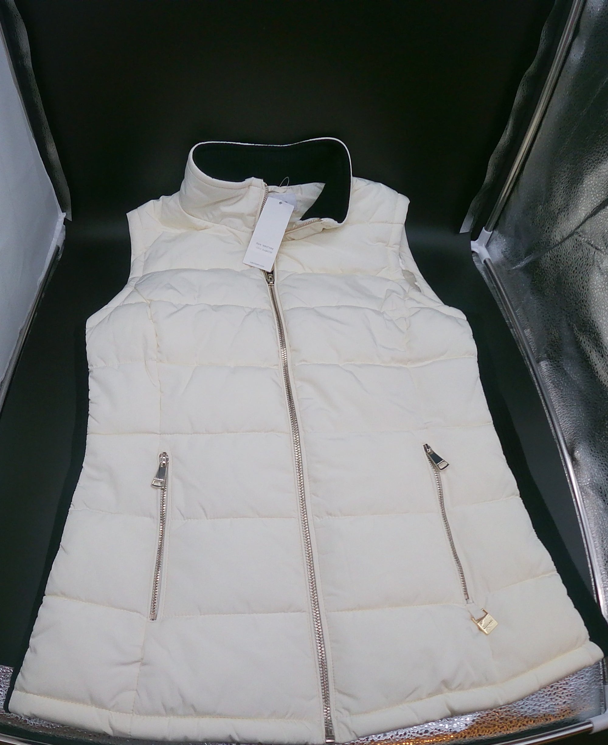 CALVIN KLEIN Cream Quilted Full Zip Puffer Vest with Black Knit Panels