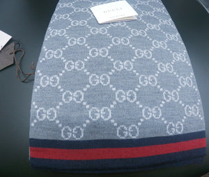 GUCCI (GG) Jacquard Solange Knitted Tricot Graphite (Grey) Scarf with Navy/Red Trim Ends