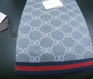 GUCCI (GG) Jacquard Solange Knitted Tricot Graphite (Grey) Scarf with Navy/Red Trim Ends