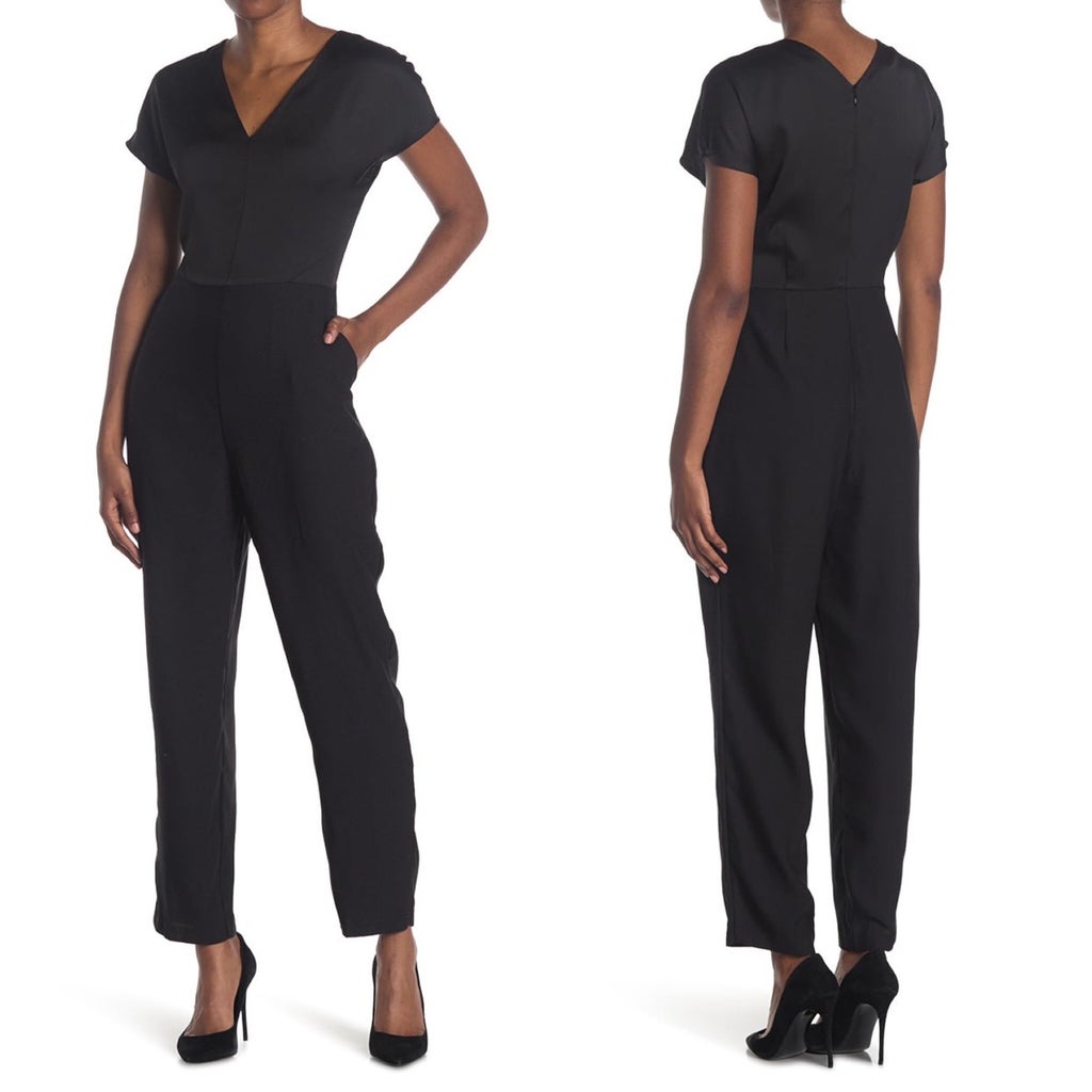 Halston Black Mixed Textured V-Neck Jumpsuit (Size XL)