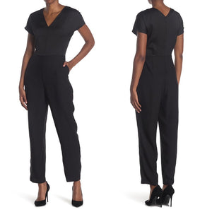 Halston Black Mixed Textured V-Neck Jumpsuit (Size XL)