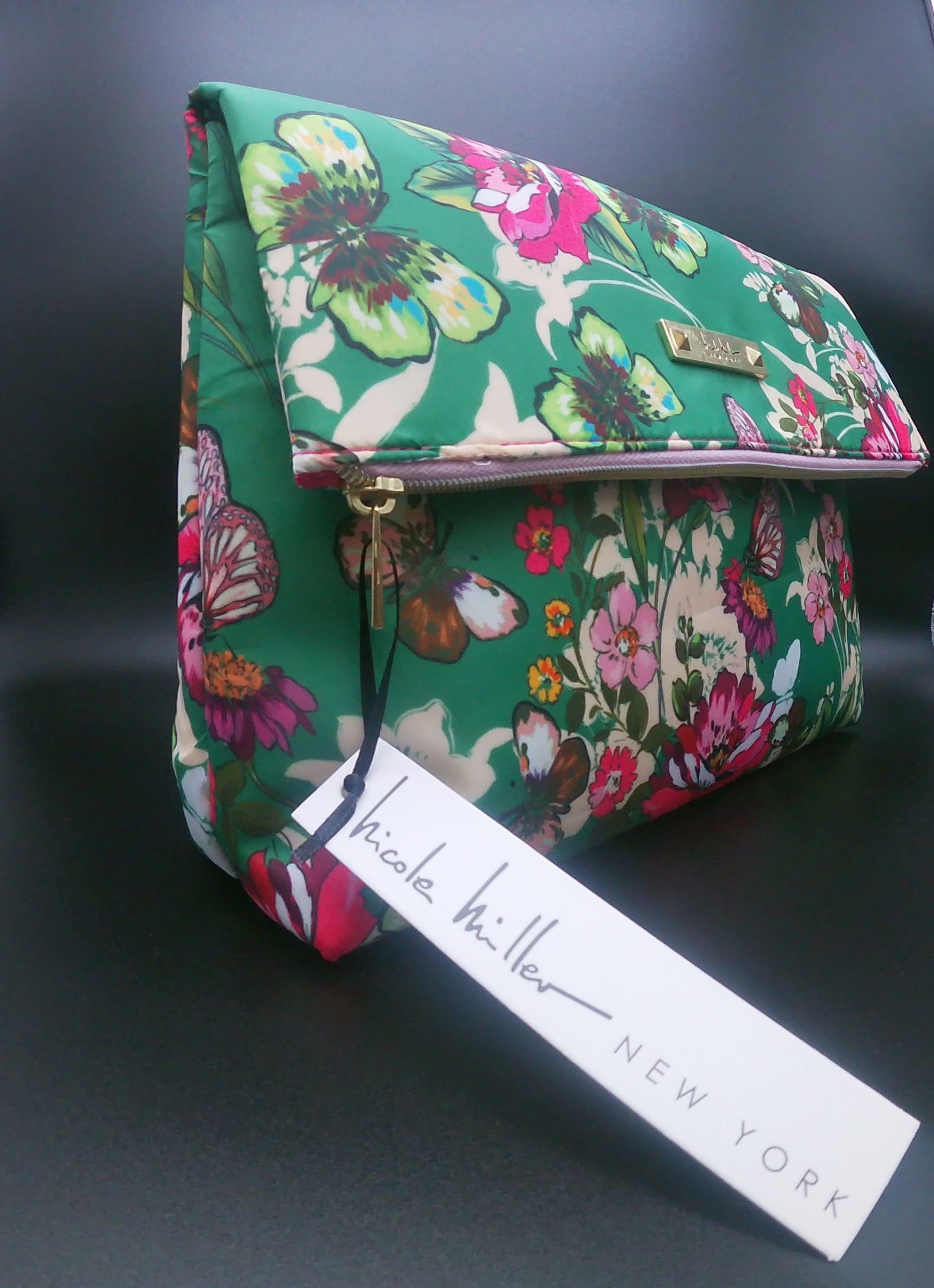 Green Multi-Colored Floral Zippered Nicole Miller Cosmetic Bag