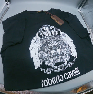 ﻿ROBERTO CAVALLI﻿ Silver Graphic Lion Head on Black Tee