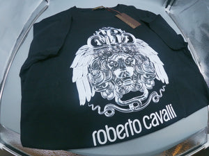 ﻿ROBERTO CAVALLI﻿ Silver Graphic Lion Head on Black Tee