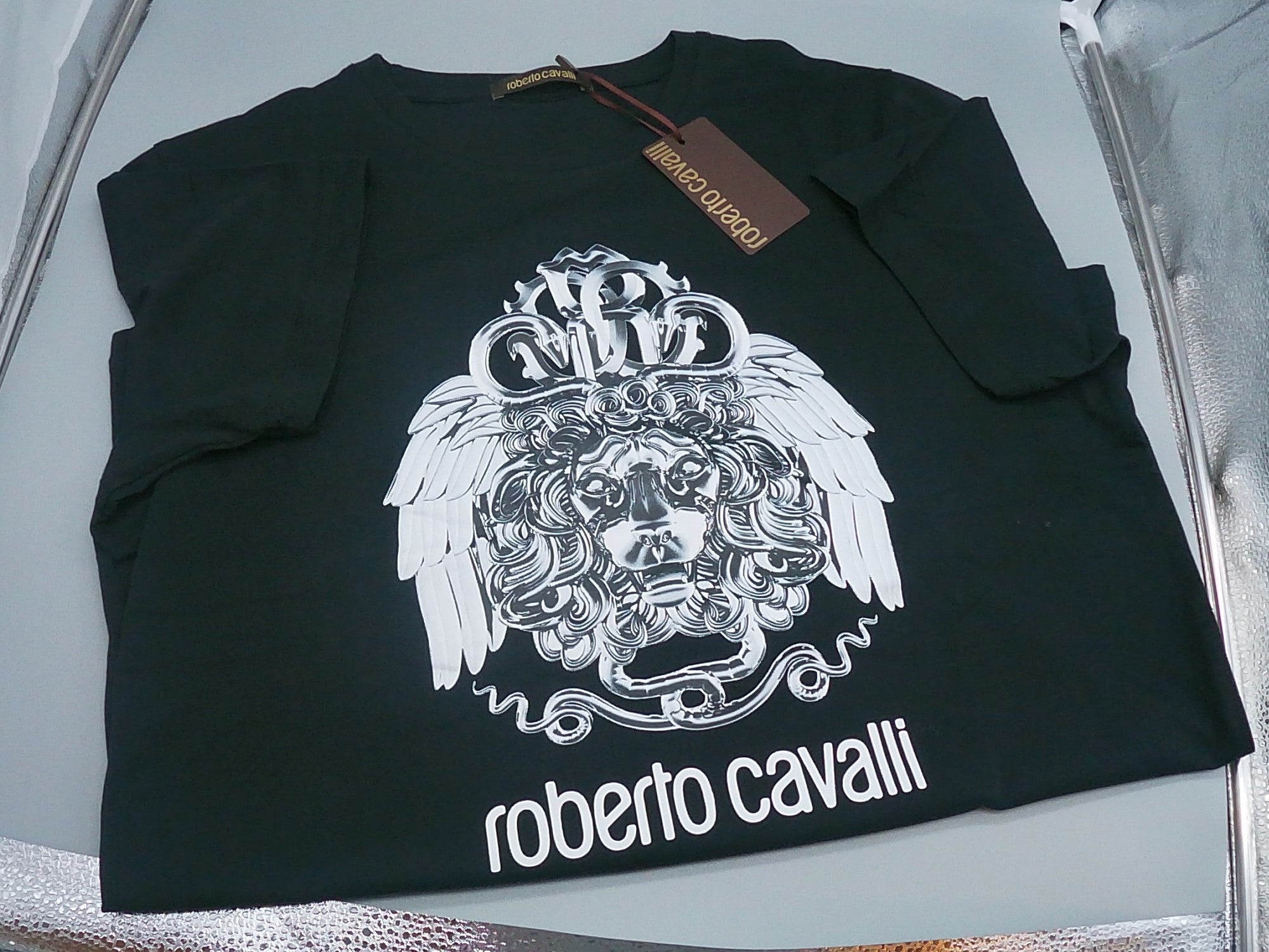 ﻿ROBERTO CAVALLI﻿ Silver Graphic Lion Head on Black Tee