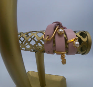 TORY BURCH Pink Leather Wrap Belted Bracelet with Gold-Plated Metal Accents