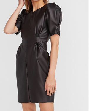 black leather dress puff sleeves Jovani 22269 Black Pleather Long Sleeve Open Back Short Dress