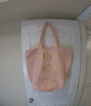 Pink Canvas Tote Bag with Gold Lettering "Wife Mom Boss"