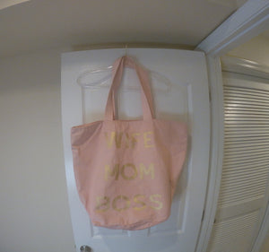 Pink Canvas Tote Bag with Gold Lettering "Wife Mom Boss"