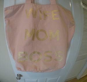 Pink Canvas Tote Bag with Gold Lettering "Wife Mom Boss"