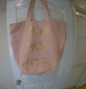 Pink Canvas Tote Bag with Gold Lettering "Wife Mom Boss"
