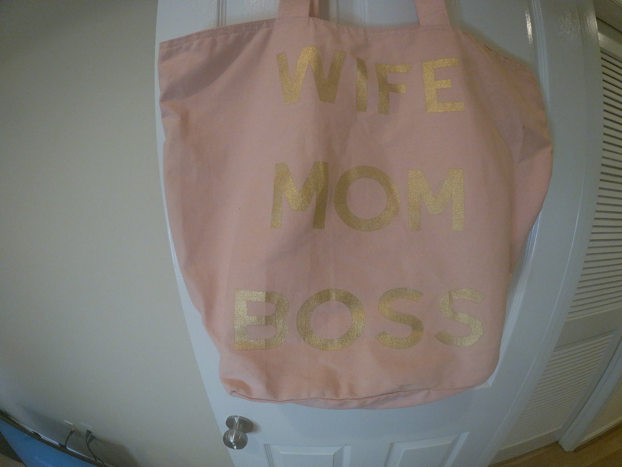 Pink Canvas Tote Bag with Gold Lettering "Wife Mom Boss"